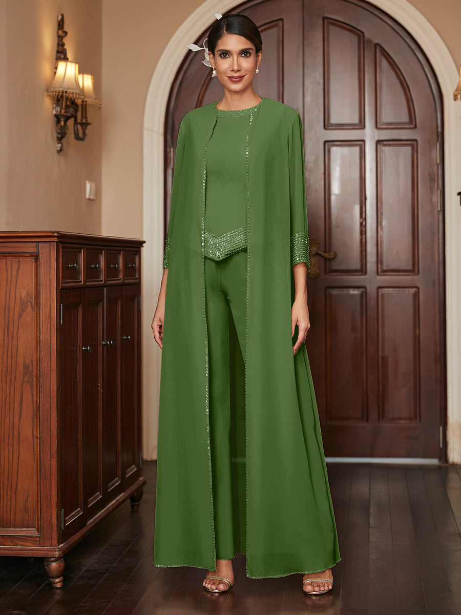 Chiffon Scoop 3/4 Sleeves 3 Pieces Pantsuits with Sequins & Jacket