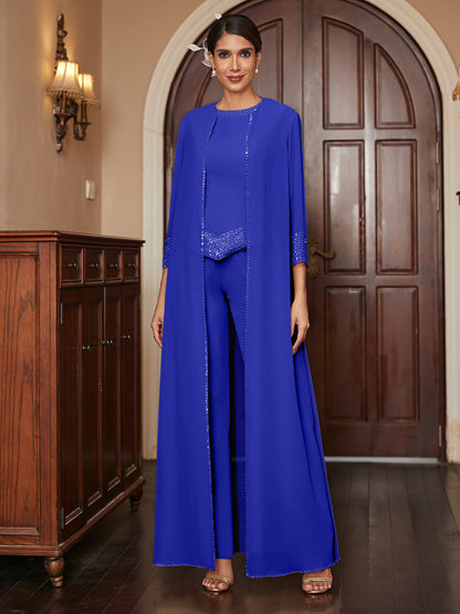 Chiffon Scoop 3/4 Sleeves 3 Pieces Pantsuits with Sequins & Jacket