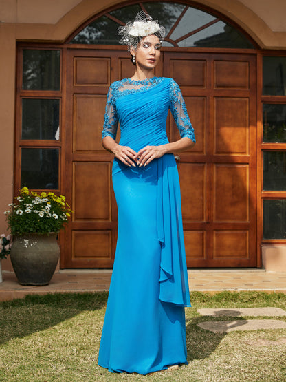 Sheath/Column Scoop Half Sleeves Long Evening Dresses with Appliques