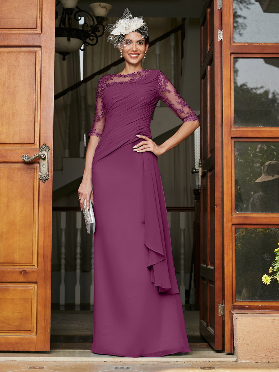 Sheath/Column Scoop Half Sleeves Long Evening Dresses with Appliques