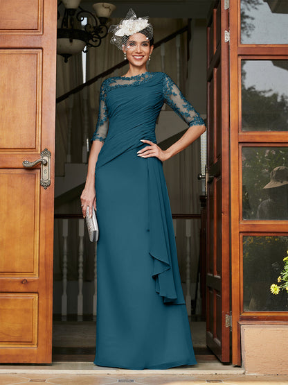 Sheath/Column Scoop Half Sleeves Long Evening Dresses with Appliques