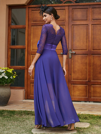 Sheath/Column V-Neck 3/4 Sleeves Lace Evening Dresses with Watteau Train & Bowknot