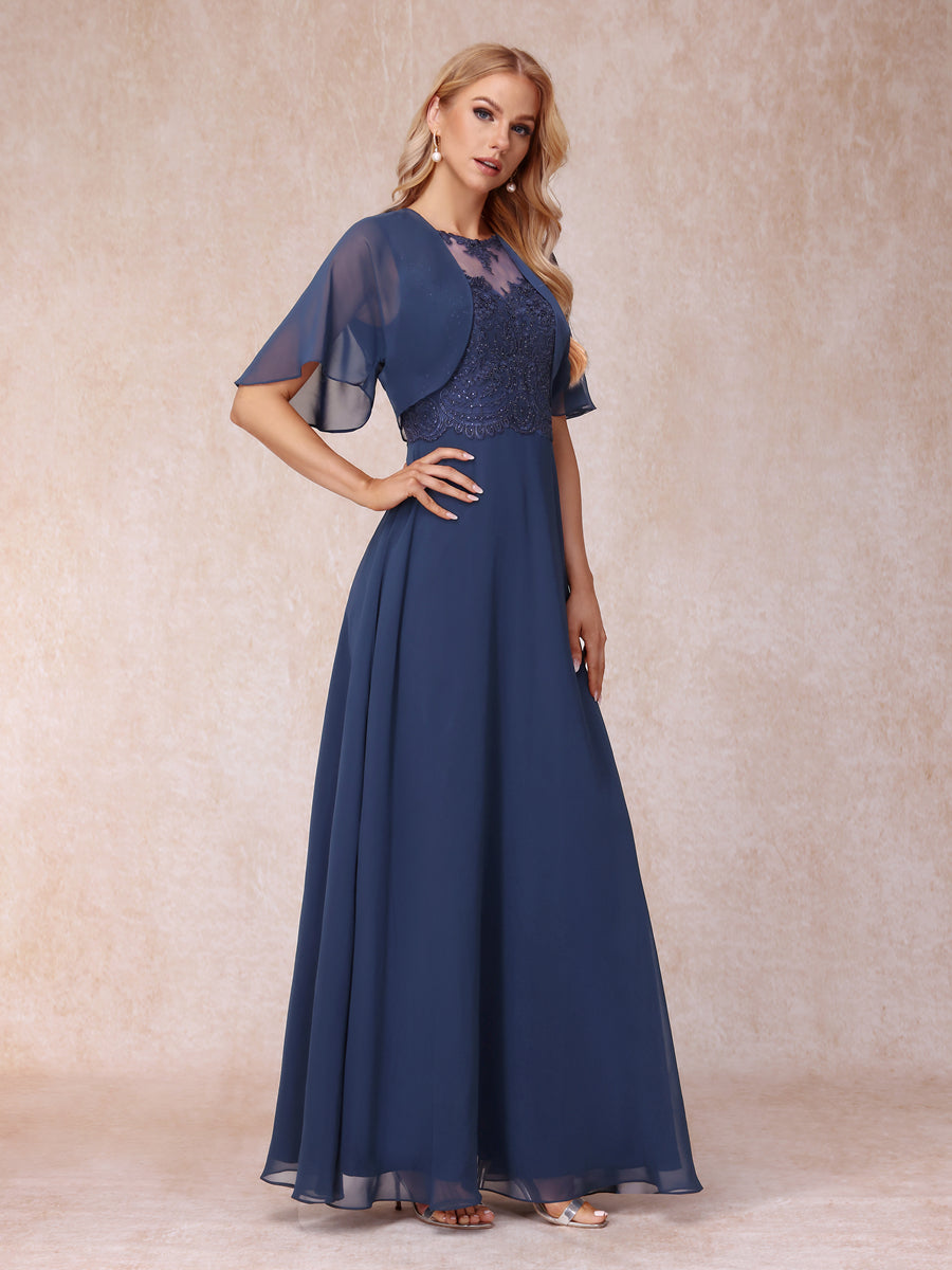 A-Line Chiffon Long Mother of the Bride Dresses with Jacket & Appliques