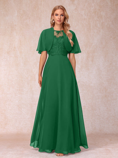 A-Line Chiffon Long Mother of the Bride Dresses with Jacket & Appliques