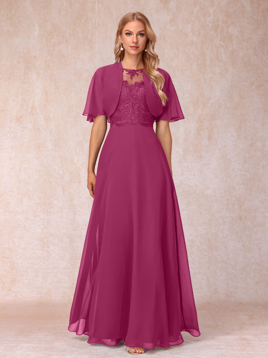 A-Line Chiffon Long Mother of the Bride Dresses with Jacket & Appliques