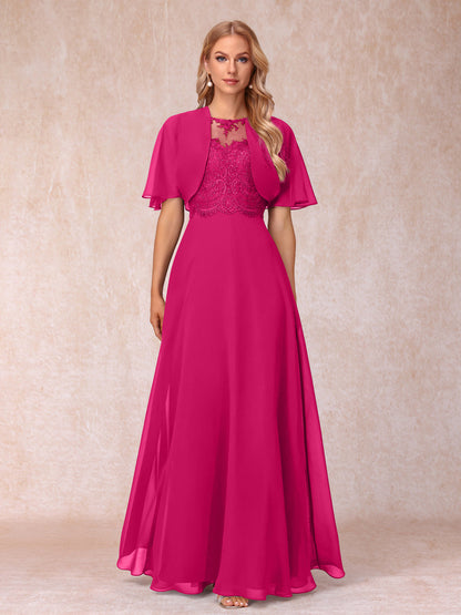 A-Line Chiffon Long Mother of the Bride Dresses with Jacket & Appliques