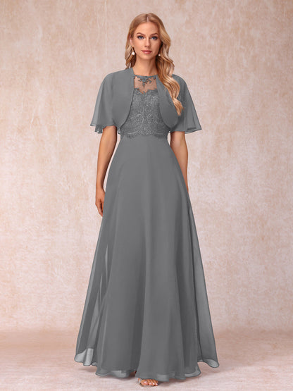 A-Line Chiffon Long Mother of the Bride Dresses with Jacket & Appliques