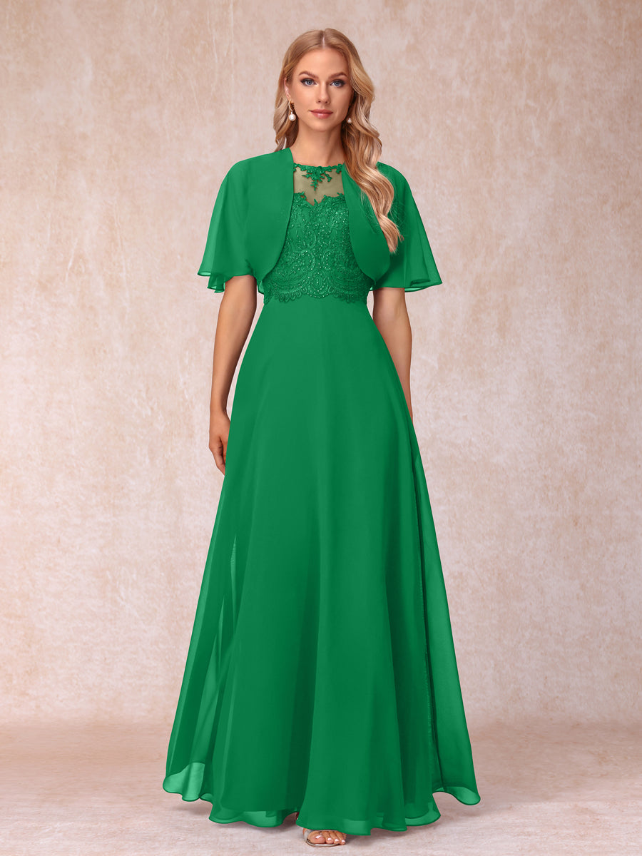 A-Line Chiffon Long Mother of the Bride Dresses with Jacket & Appliques