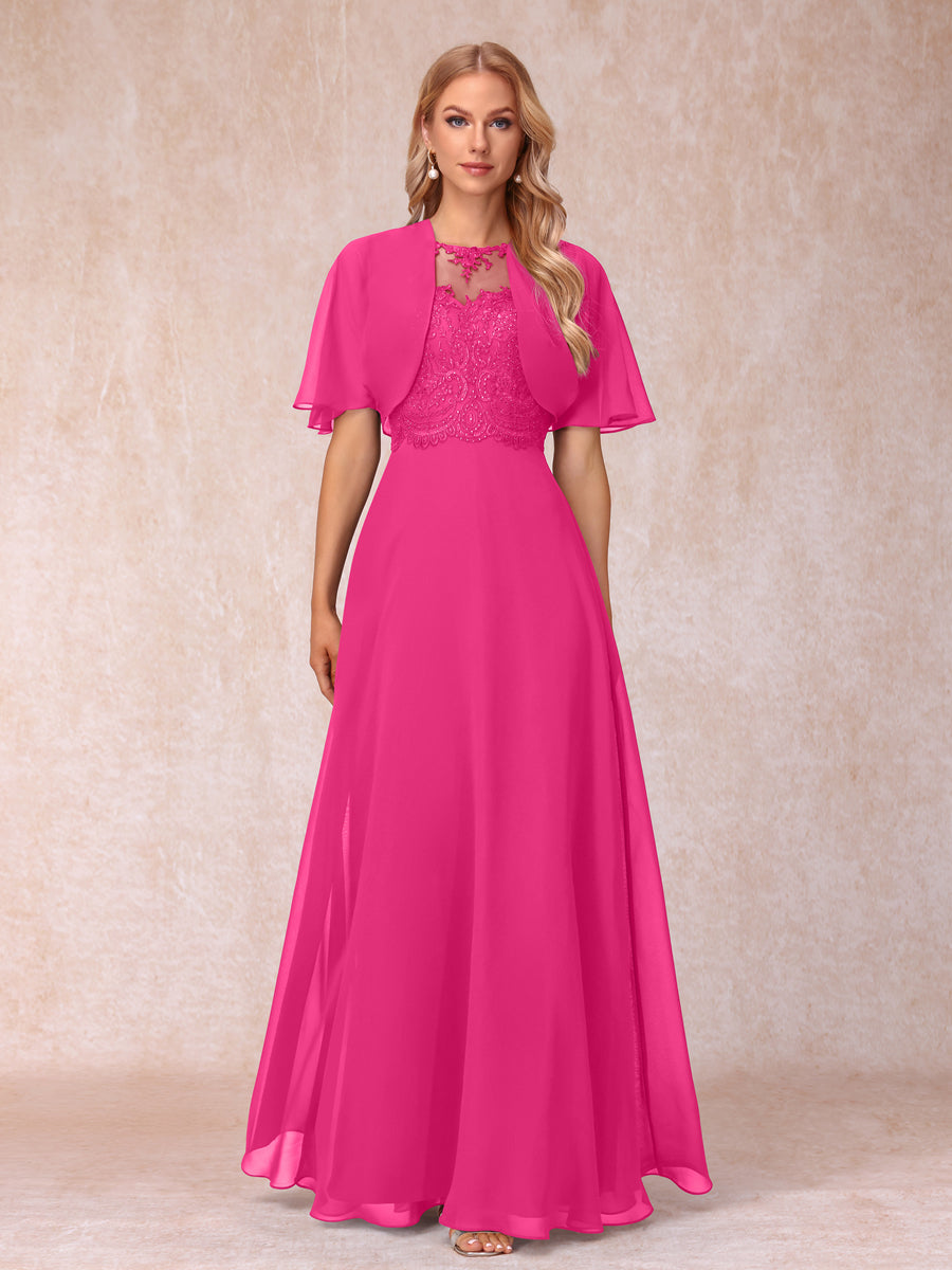 A-Line Chiffon Long Mother of the Bride Dresses with Jacket & Appliques