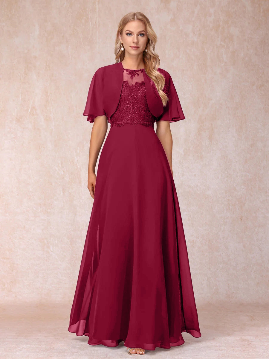 A-Line Chiffon Long Mother of the Bride Dresses with Jacket & Appliques