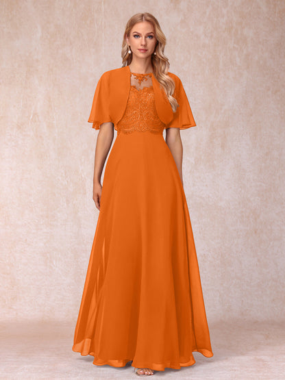 A-Line Chiffon Long Mother of the Bride Dresses with Jacket & Appliques