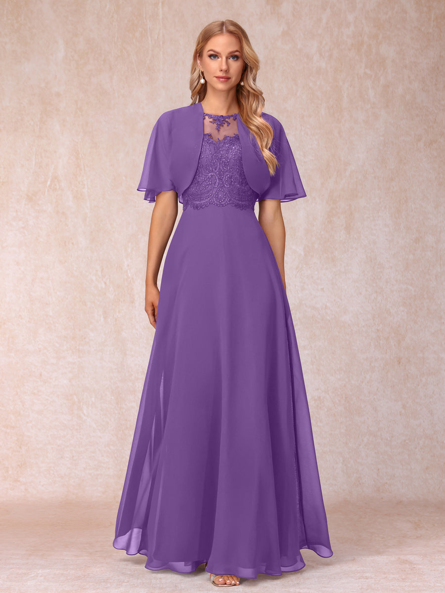 A-Line Chiffon Long Mother of the Bride Dresses with Jacket & Appliques