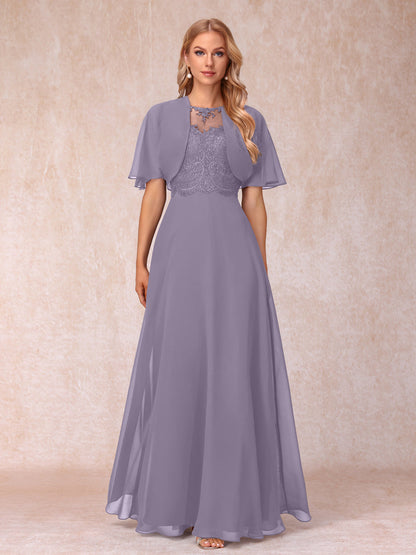 A-Line Chiffon Long Mother of the Bride Dresses with Jacket & Appliques