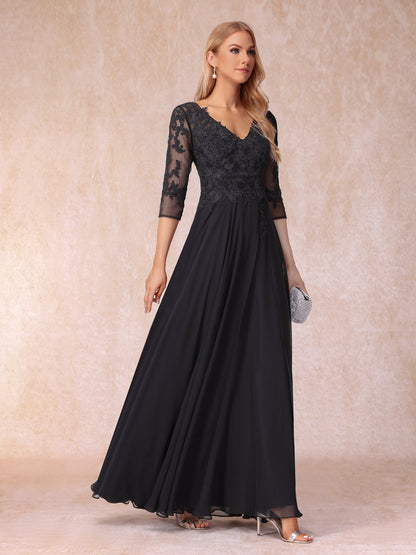 A-Line/Princess V-Neck 3/4 Sleeves Long Formal Evening Dresses with Beading & Appliques