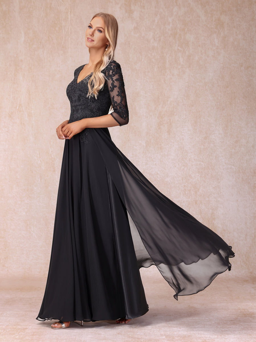 A-Line/Princess V-Neck 3/4 Sleeves Long Formal Evening Dresses with Beading & Appliques