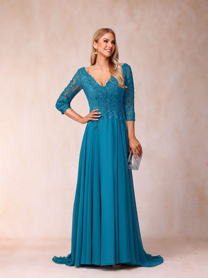 A-Line/Princess V-Neck 3/4 Sleeves Long Formal Evening Dresses with Sequins