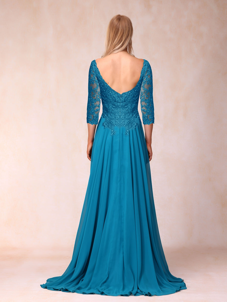 A-Line/Princess V-Neck 3/4 Sleeves Long Formal Evening Dresses with Sequins