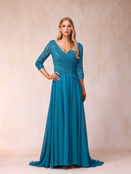 A-Line/Princess V-Neck 3/4 Sleeves Long Formal Evening Dresses with Sequins