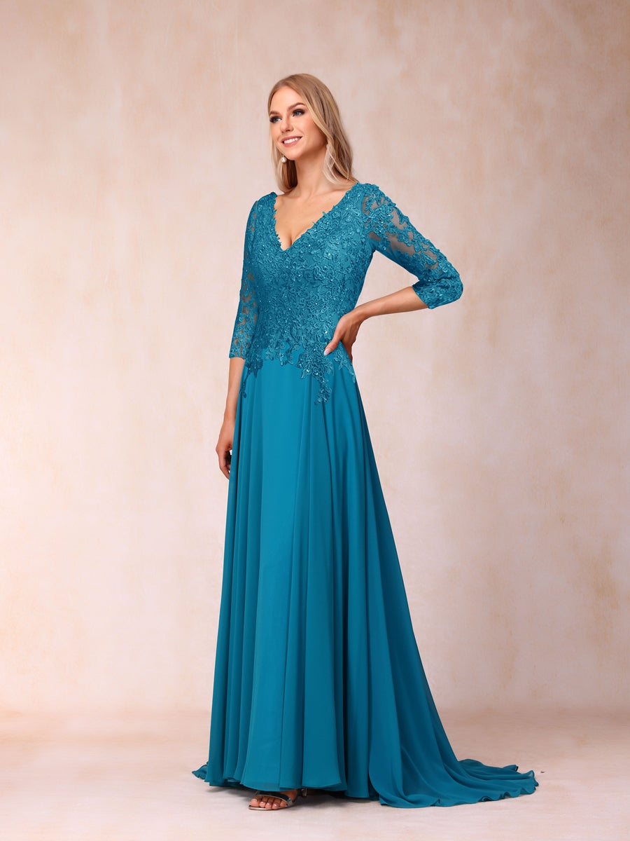 A-Line/Princess V-Neck 3/4 Sleeves Long Formal Evening Dresses with Sequins