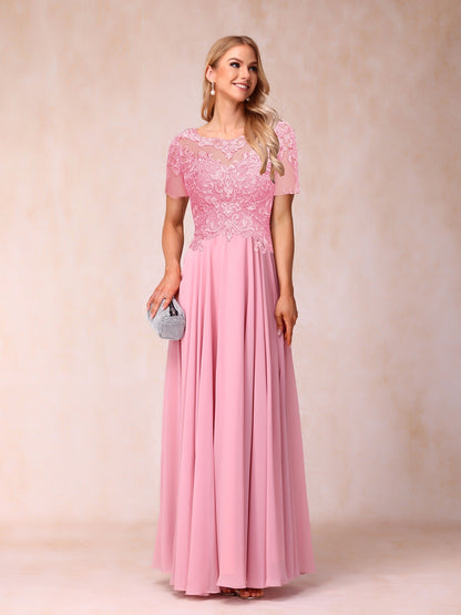 A-Line/Princess Sheer Neck Short Sleeves Long Formal Evening Dresses with Sequins & Appliques