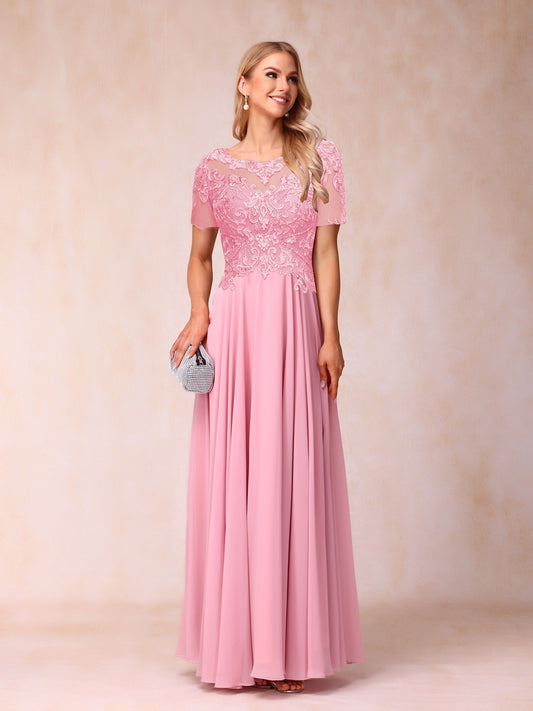 A-Line/Princess Sheer Neck Short Sleeves Long Formal Evening Dresses with Sequins & Appliques