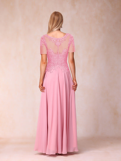 A-Line/Princess Sheer Neck Short Sleeves Long Formal Evening Dresses with Sequins & Appliques