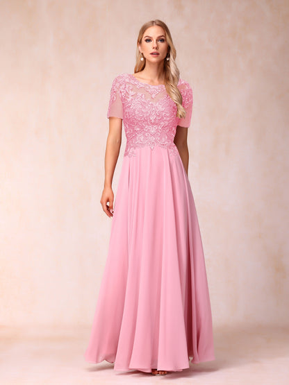 A-Line/Princess Sheer Neck Short Sleeves Long Formal Evening Dresses with Sequins & Appliques