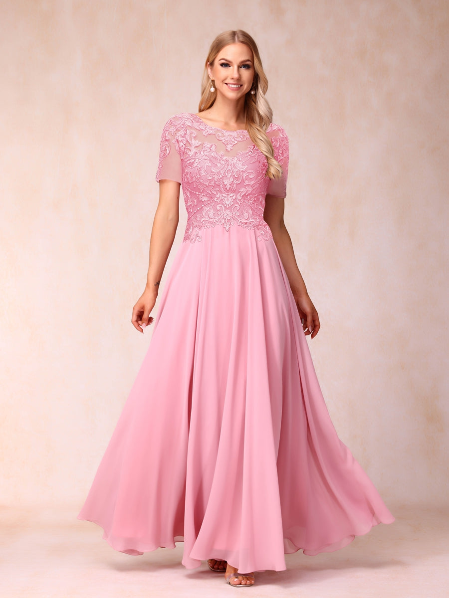 A-Line/Princess Sheer Neck Short Sleeves Long Formal Evening Dresses with Sequins & Appliques