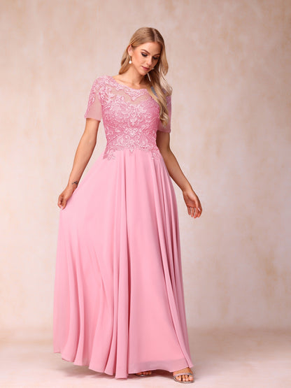 A-Line/Princess Sheer Neck Short Sleeves Long Formal Evening Dresses with Sequins & Appliques