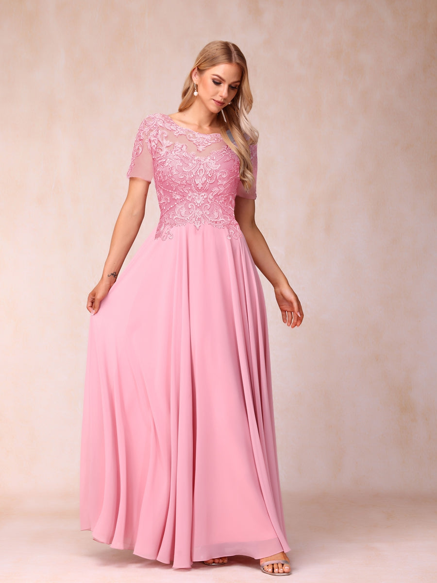 A-Line/Princess Sheer Neck Short Sleeves Long Formal Evening Dresses with Sequins & Appliques