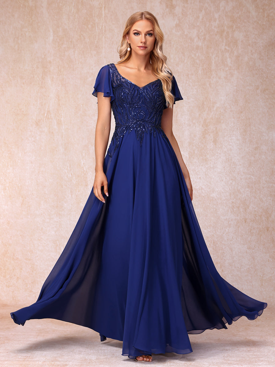 A-Line/Princess V-Neck Short Sleeves Long Formal Evening Dresses with Beading & Sequins