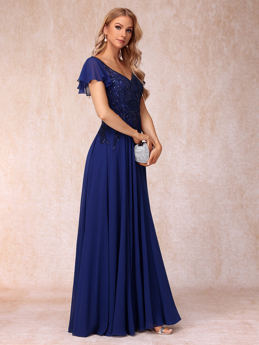 A-Line/Princess V-Neck Short Sleeves Long Formal Evening Dresses with Beading & Sequins