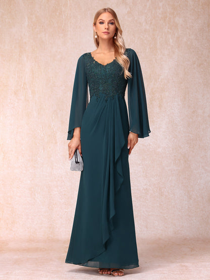 Sheath/Column V-Neck Long Sleeves Long Formal Evening Dresses with Sequins & Appliques