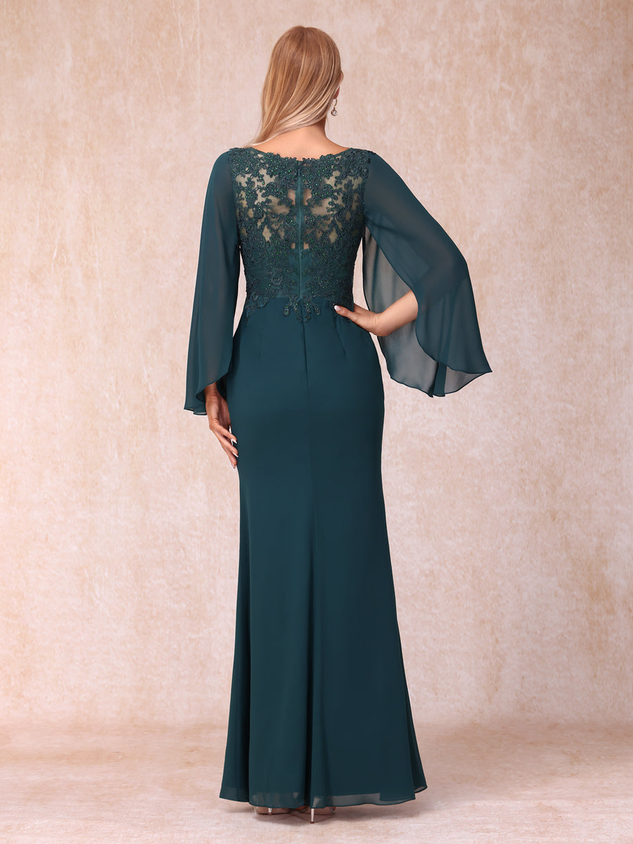 Sheath/Column V-Neck Long Sleeves Long Formal Evening Dresses with Sequins & Appliques