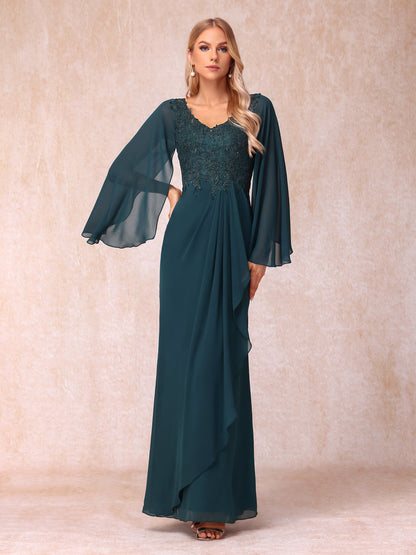 Sheath/Column V-Neck Long Sleeves Long Formal Evening Dresses with Sequins & Appliques