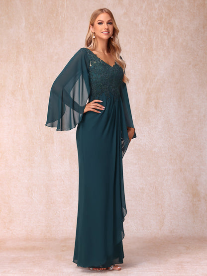 Sheath/Column V-Neck Long Sleeves Long Formal Evening Dresses with Sequins & Appliques