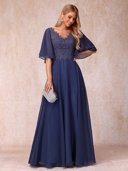 A-Line/Princess V-Neck Half Sleeves Long Formal Evening Dresses with Beading & Appliques