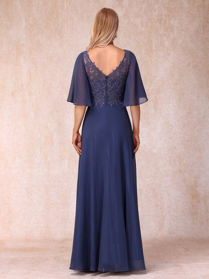 A-Line/Princess V-Neck Half Sleeves Long Formal Evening Dresses with Beading & Appliques