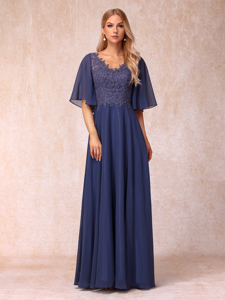 A-Line/Princess V-Neck Half Sleeves Long Formal Evening Dresses with Beading & Appliques