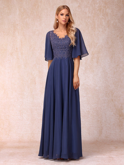 A-Line/Princess V-Neck Half Sleeves Long Formal Evening Dresses with Beading & Appliques