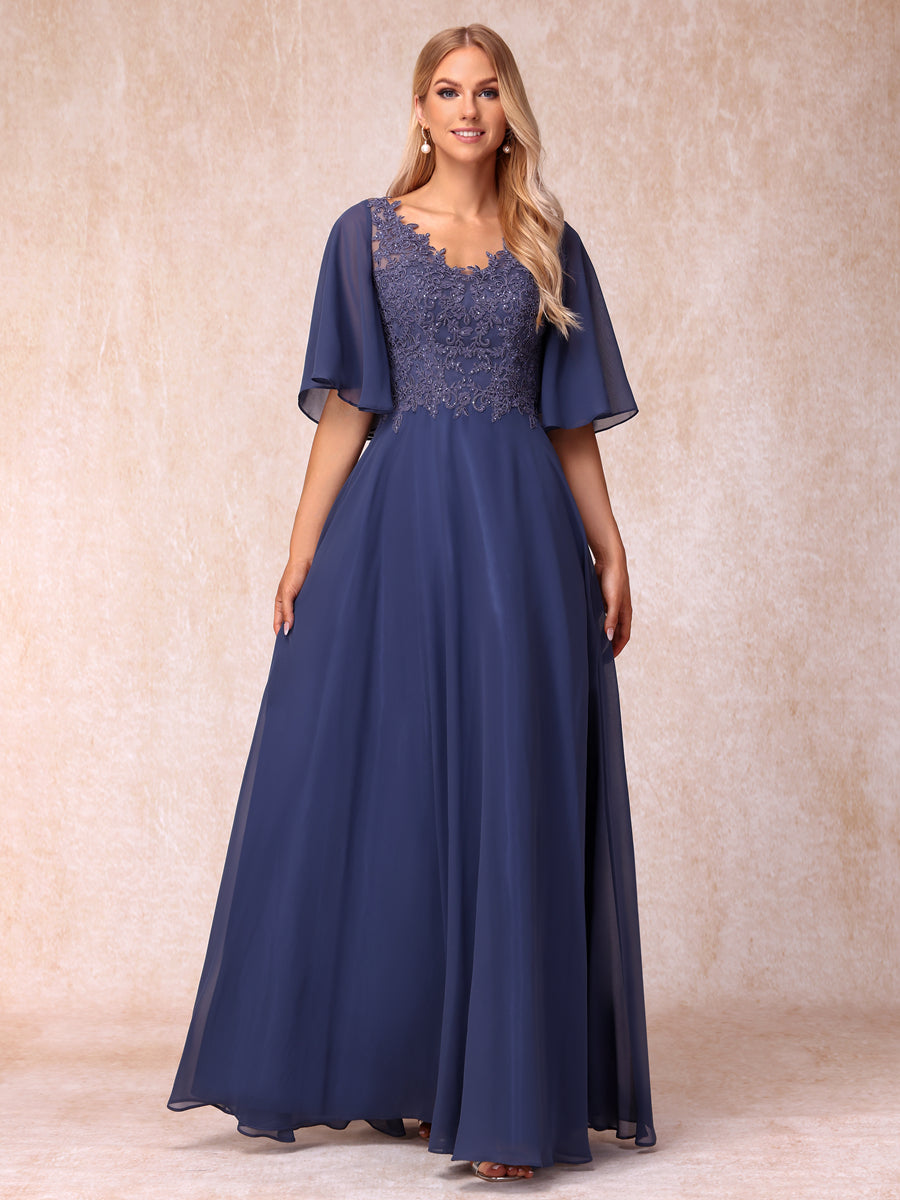 A-Line/Princess V-Neck Half Sleeves Long Formal Evening Dresses with Beading & Appliques