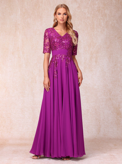 A-Line/Princess V-Neck Half Sleeves Long Formal Evening Dresses with Sequins