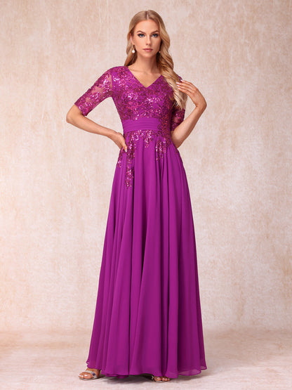 A-Line/Princess V-Neck Half Sleeves Long Formal Evening Dresses with Sequins