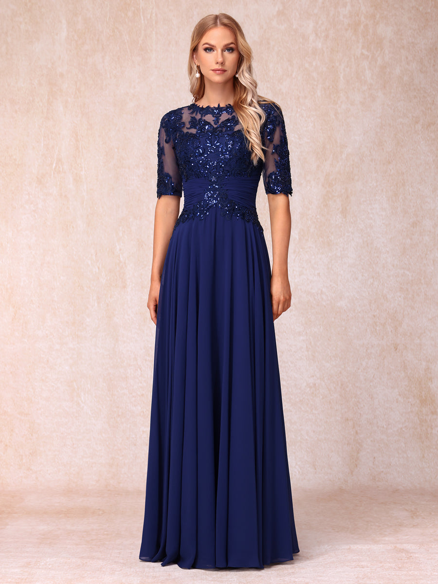 A-Line/Princess Sheer Neck Half Sleeves Long Formal Evening Dresses with Sequins