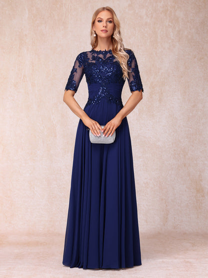 A-Line/Princess Sheer Neck Half Sleeves Long Formal Evening Dresses with Sequins