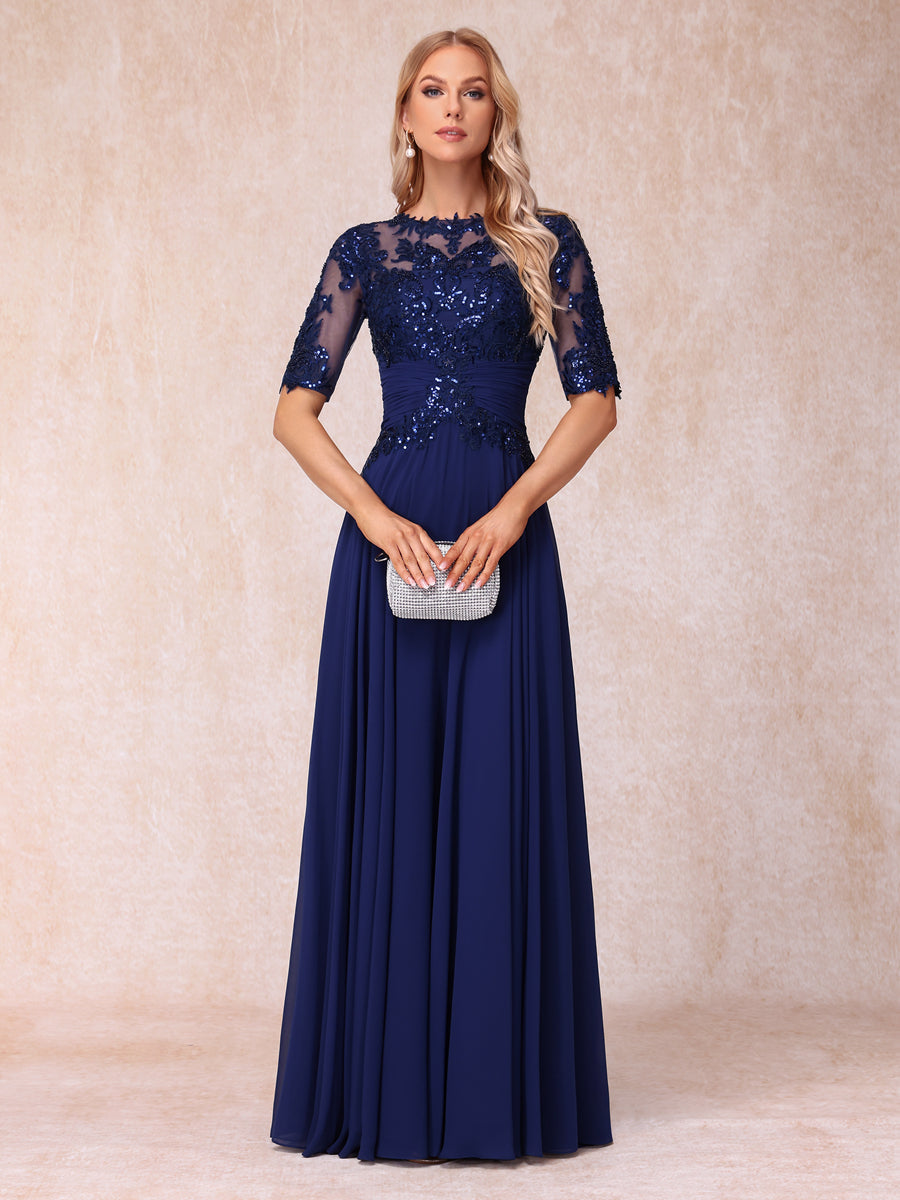 A-Line/Princess Sheer Neck Half Sleeves Long Formal Evening Dresses with Sequins