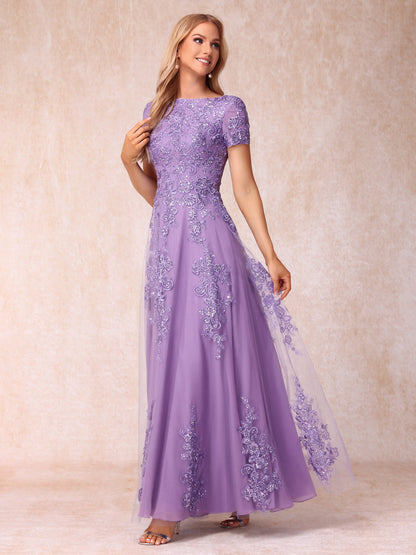 A-Line/Princess Sheer Neck Short Sleeves Long Formal Evening Dresses with Appliques