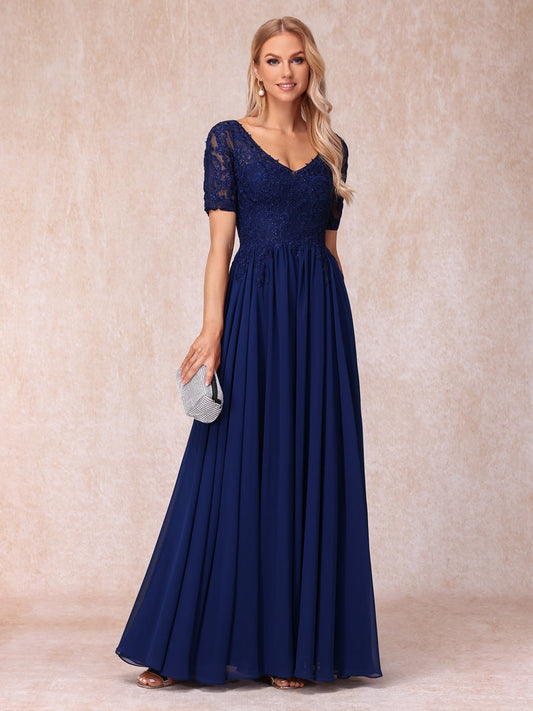 A-Line/Princess V-Neck Short Sleeves Long Formal Evening Dresses with Beading & Appliques