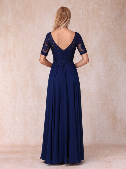 A-Line/Princess V-Neck Short Sleeves Long Formal Evening Dresses with Beading & Appliques