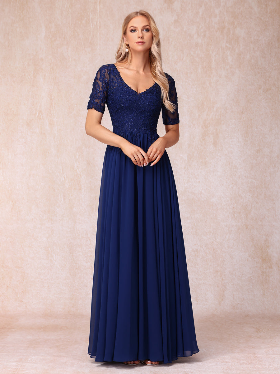 A-Line/Princess V-Neck Short Sleeves Long Formal Evening Dresses with Beading & Appliques